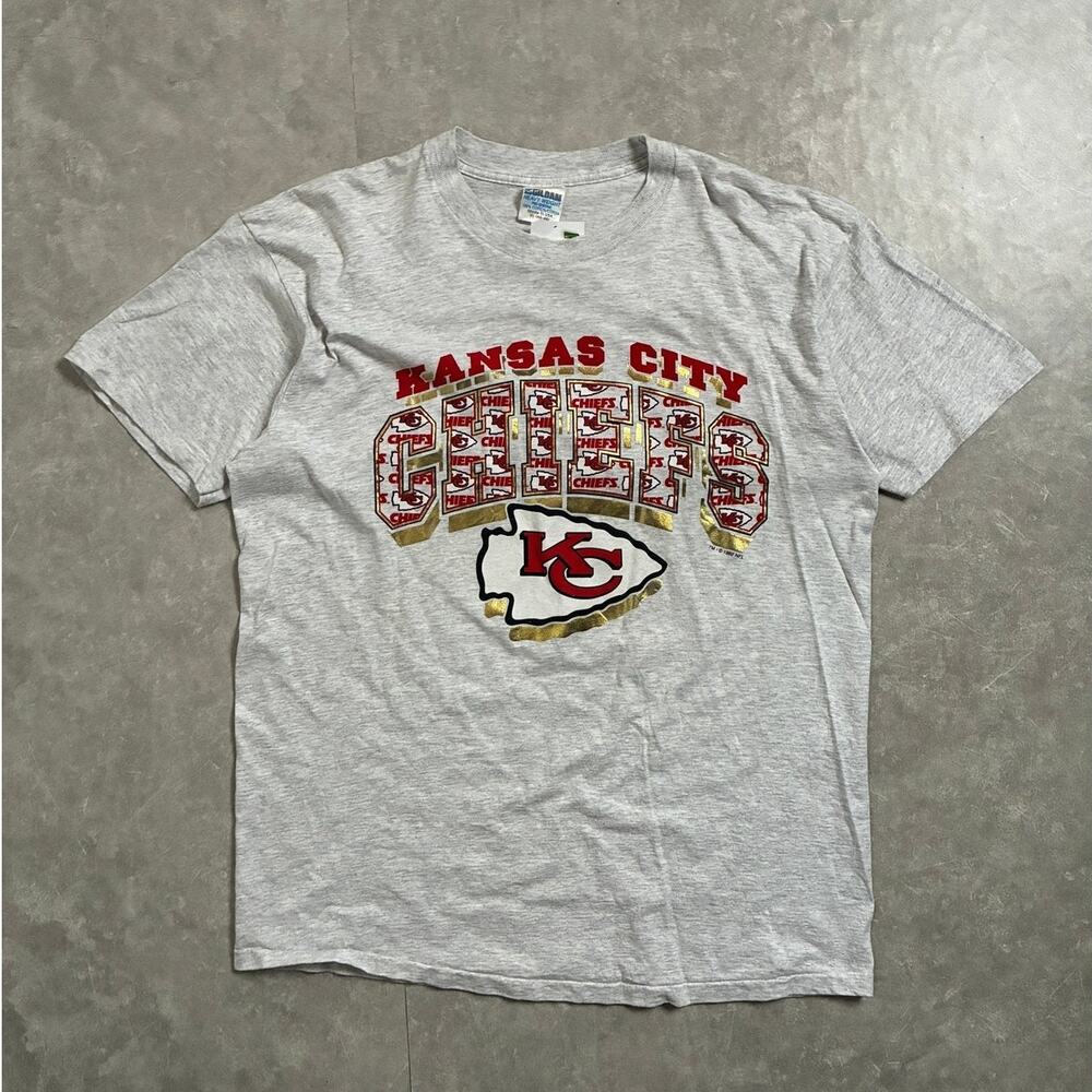 90s Vintage Kansas City Chiefs Heather Grey Gold Print T-Shirt -XL